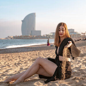 Beach photoshoot at Barceloneta with the W Hotel behind